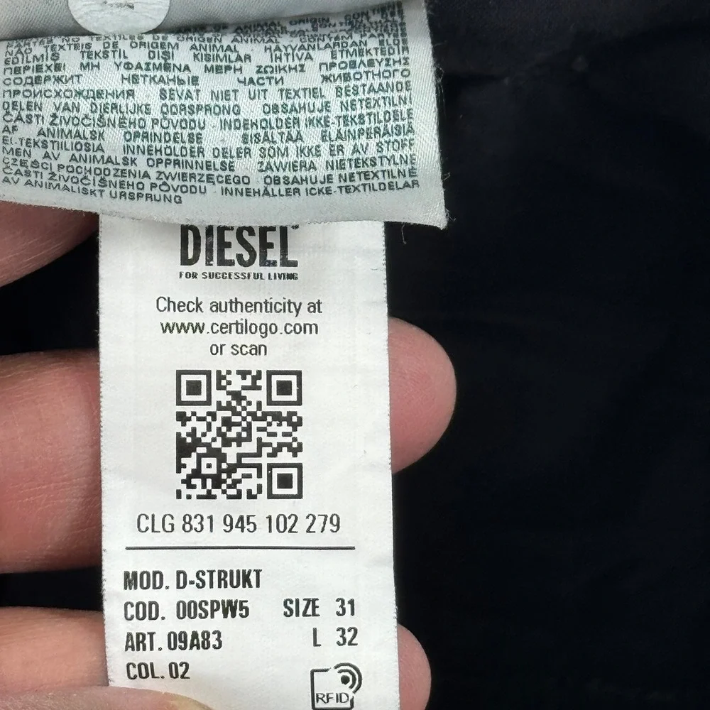 Diesel Jeans Men's 31x32 Black D-Strukt Slim Fit Skinny Stretch Made In Italy - Picture 11 of 14